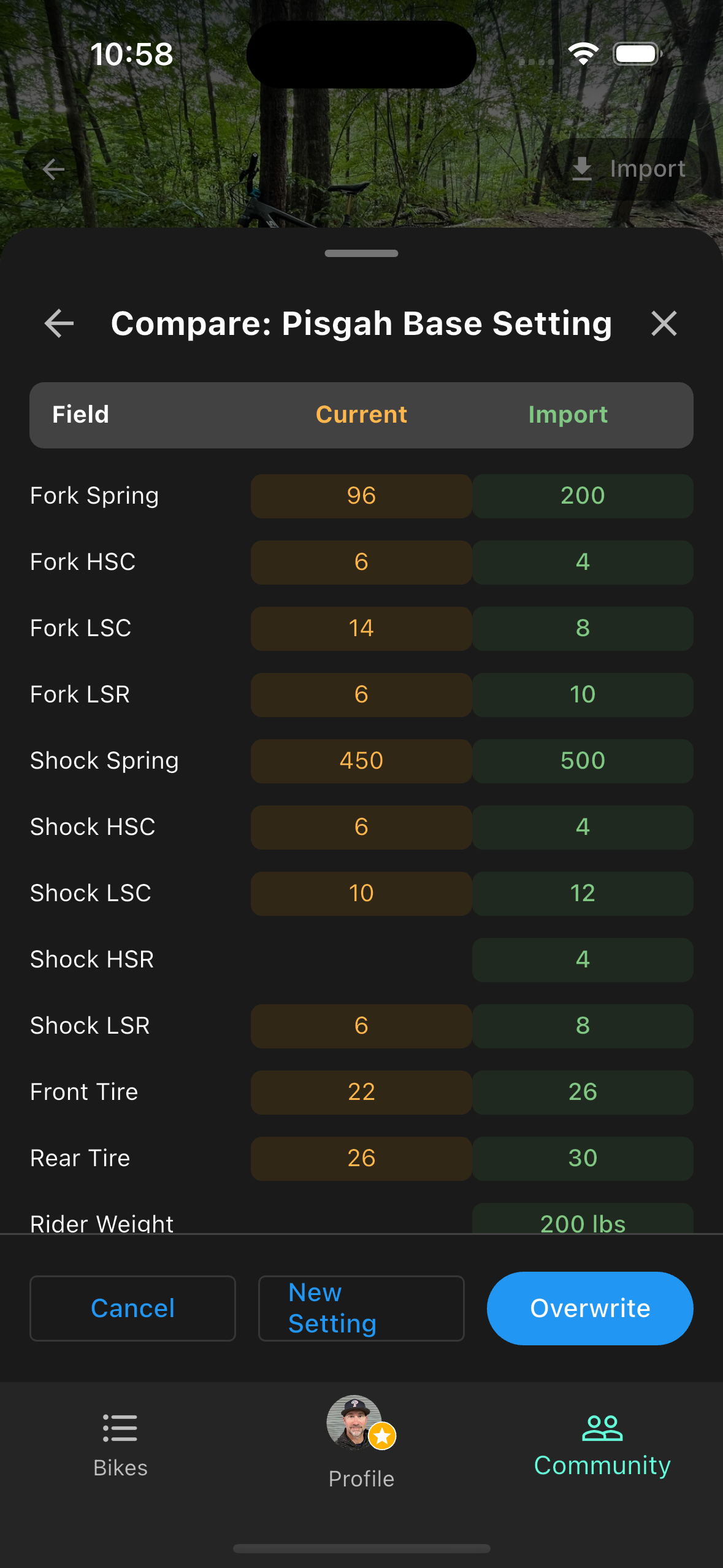 Settings comparison
